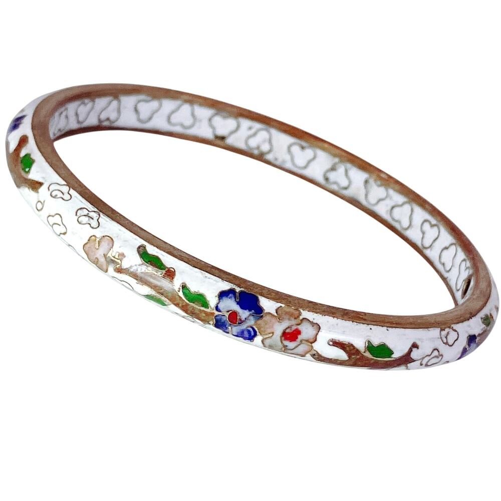 Vintage Cloisonne Floral Enamel Bangle Bracelet 1960s 1970s Jewelry Colorful